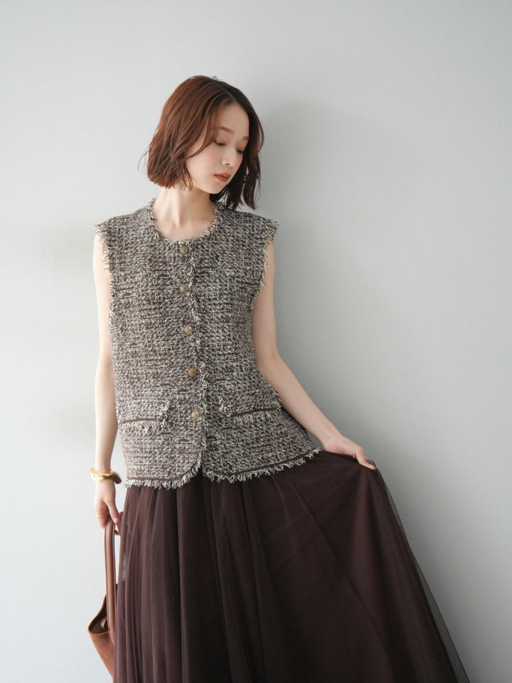 [予約]ミックスツイードフリンジニットベスト/ブラウン