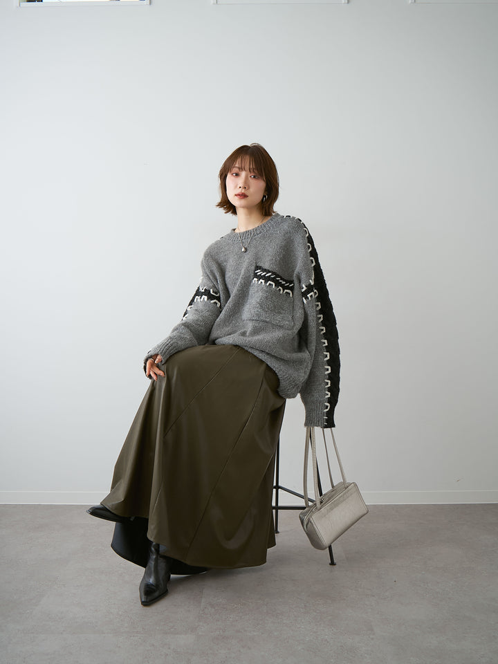 [予約]ハンドステッチデザインニットトップス/gray