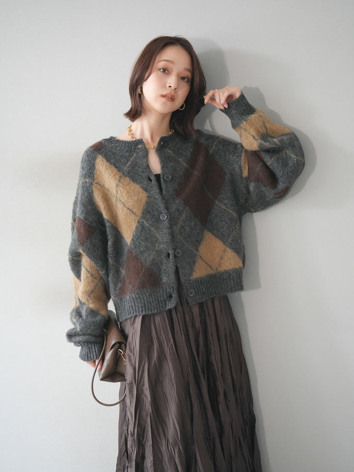 [予約]モヘアタッチアーガイルニットカーディガン/charcoal