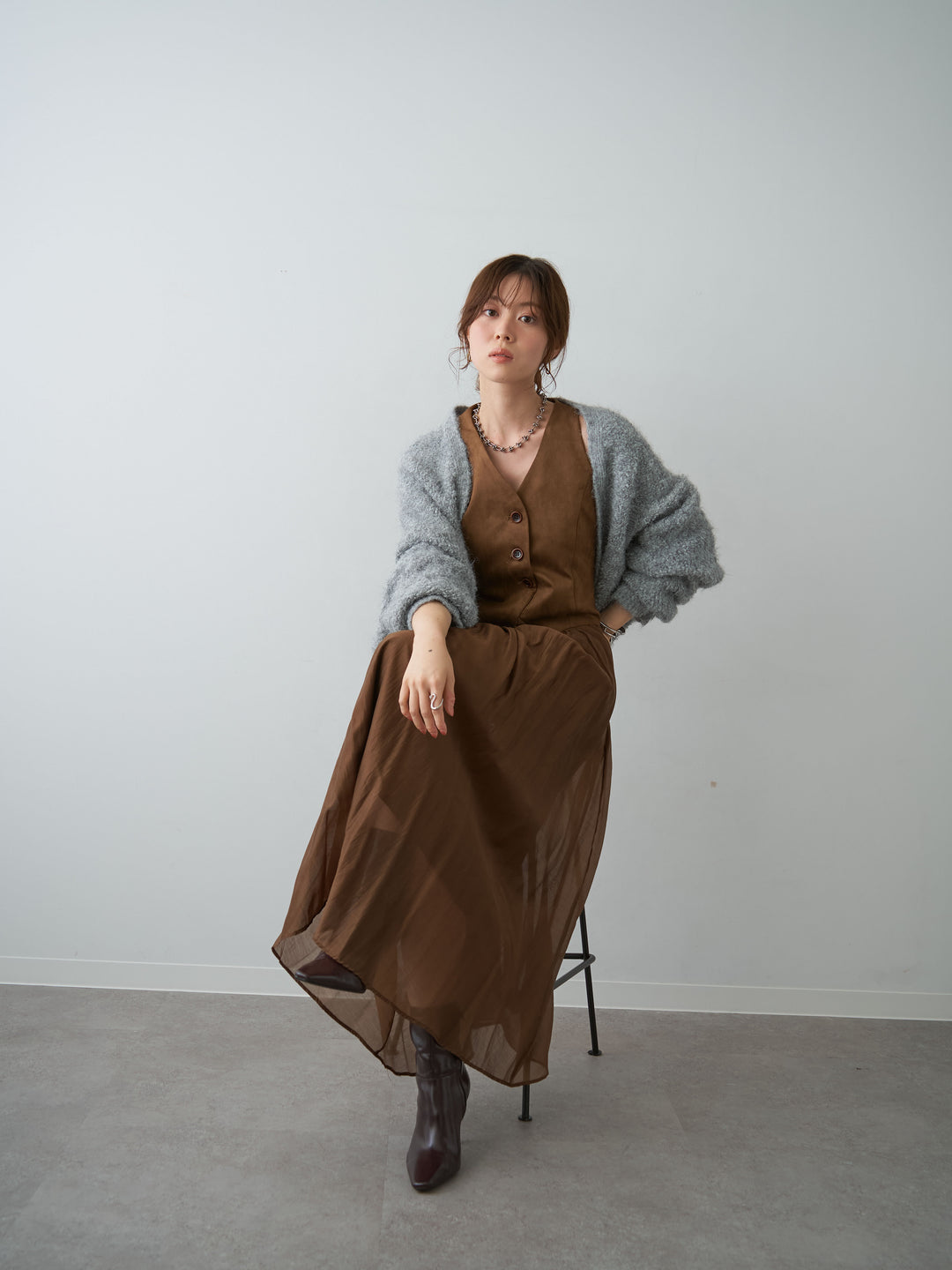 [予約]スウェードタッチ切り替えフレアワンピース/brown