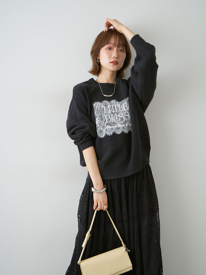 [予約]アルパカタッチ刺繍レースロゴニットプルオーバー/black