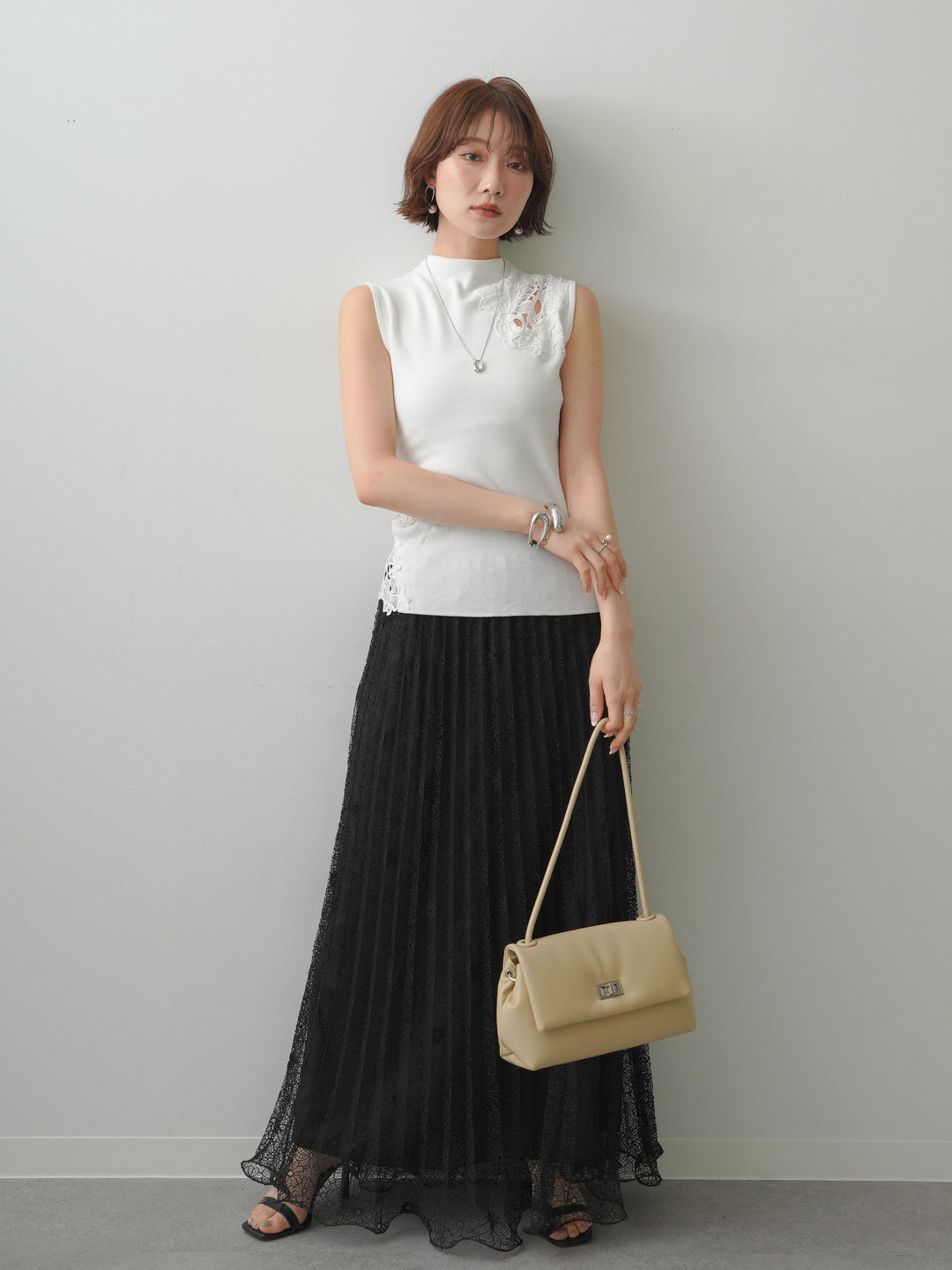 [SET]サイドレースノースリモックニットトップス+フローラルレースプリーツスカート(2set)