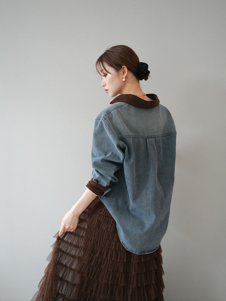 [予約]裏起毛コーデュロイ襟デニムシャツジャケット/ blue