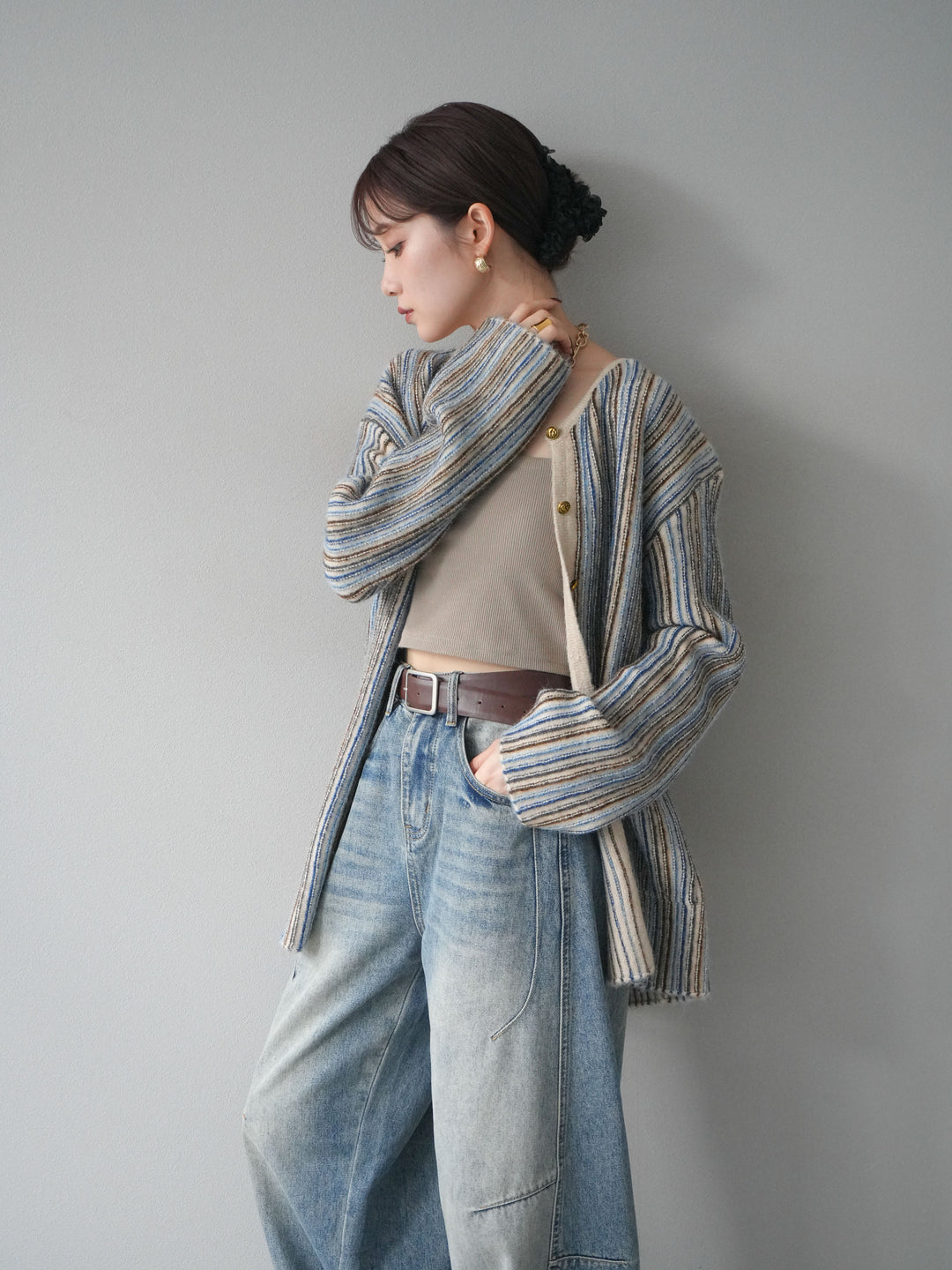 [予約]アンティークボタンストライプニットカーディガン/ivory