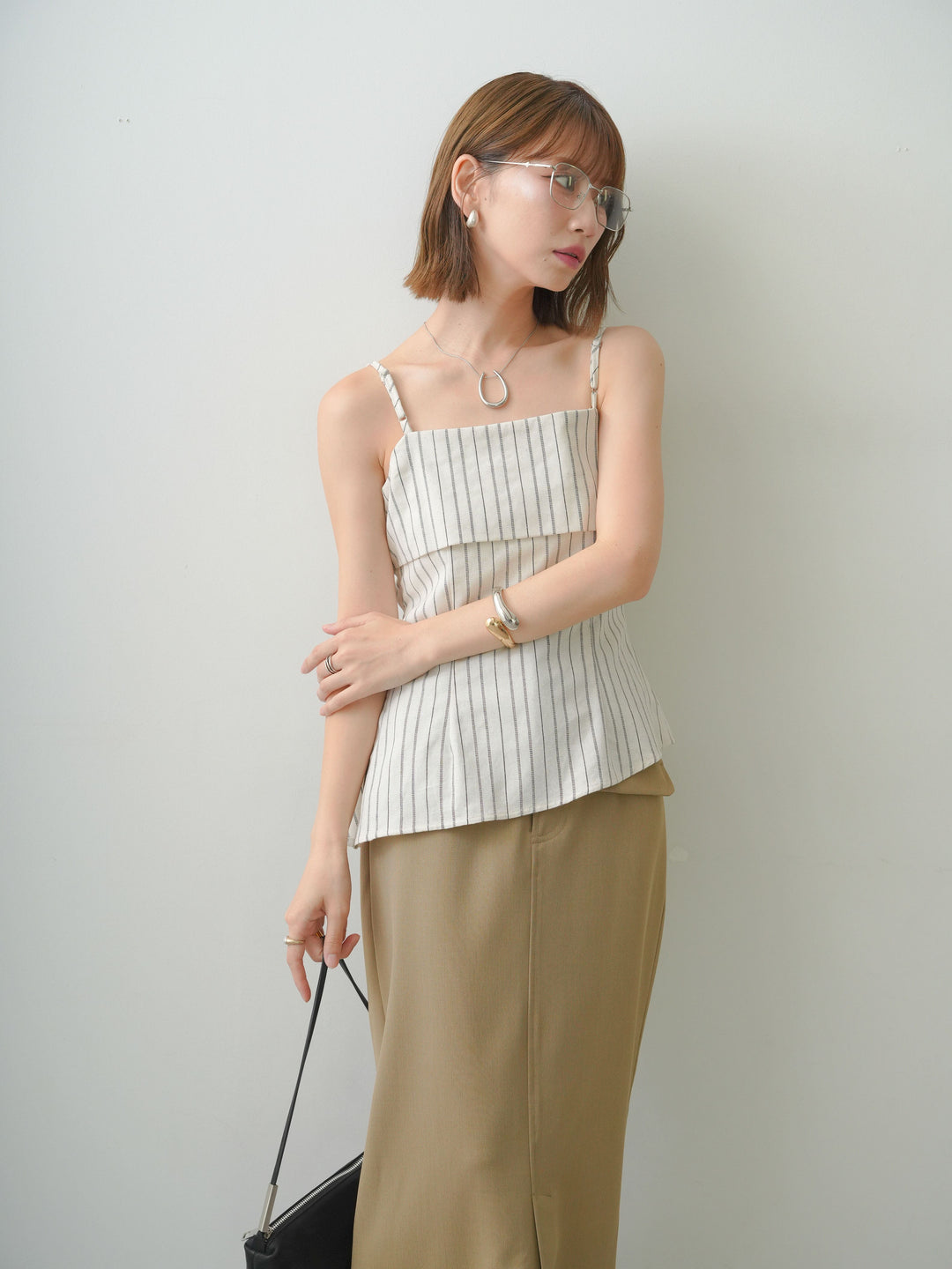 [SET]ストライプアシメキャミソール+クレープデシンフラップ付きストレートスカート(2set)