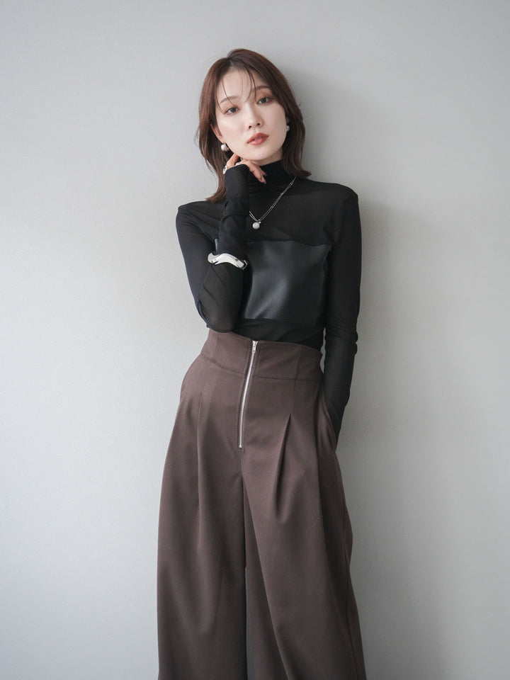 [予約]レザー切替プチネックシアートップス/black