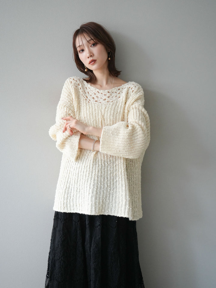 [予約]ボートネック透かし編みニットプルオーバー/white