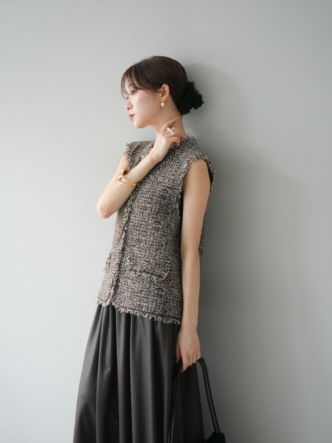 [予約]ミックスツイードフリンジニットベスト/ブラウン
