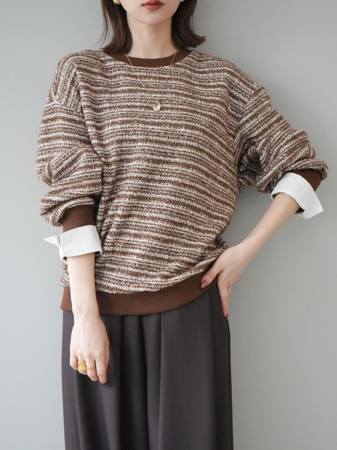 [予約]MIXツイードライクカフスドッキングプルオーバー/brown