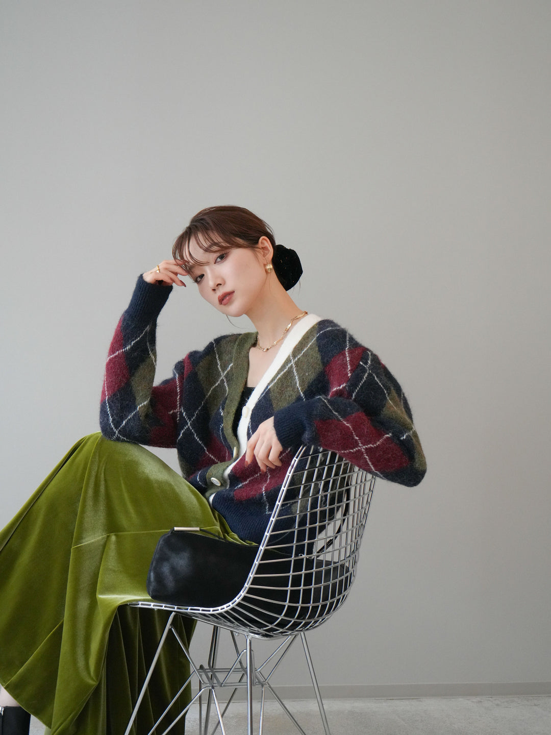 [予約]配色アーガイル柄ニットカーディガン/green