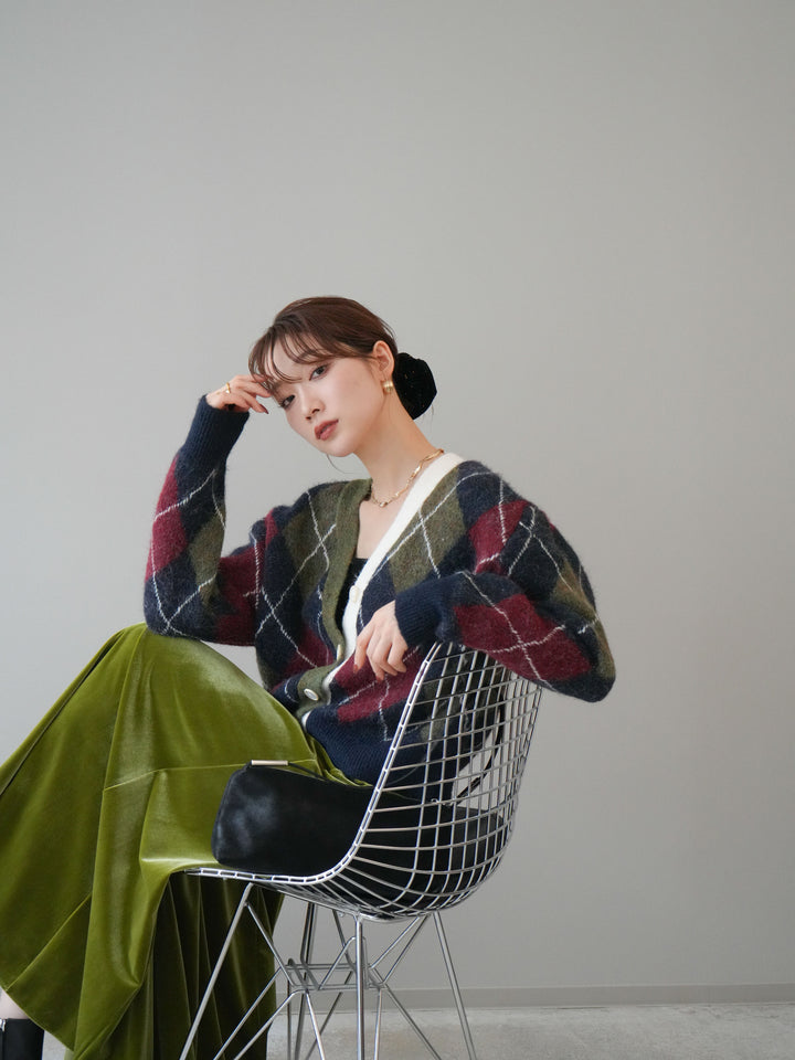 [予約]配色アーガイル柄ニットカーディガン/green
