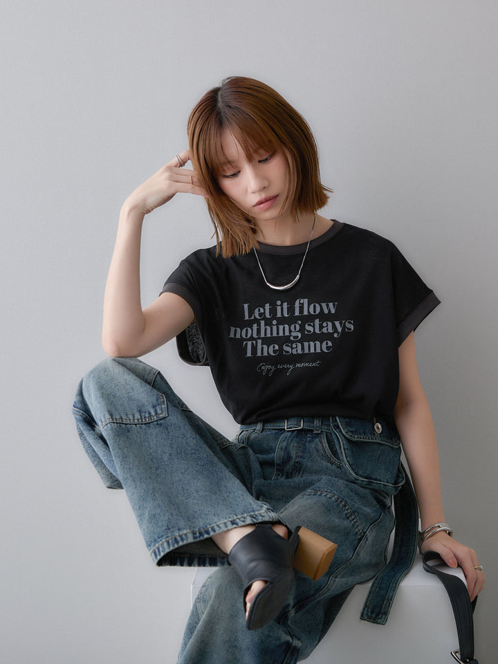 [SET]シアースラブバイカラーフレンチTEE+マルチポーチ付立体カーブデニム(2set)