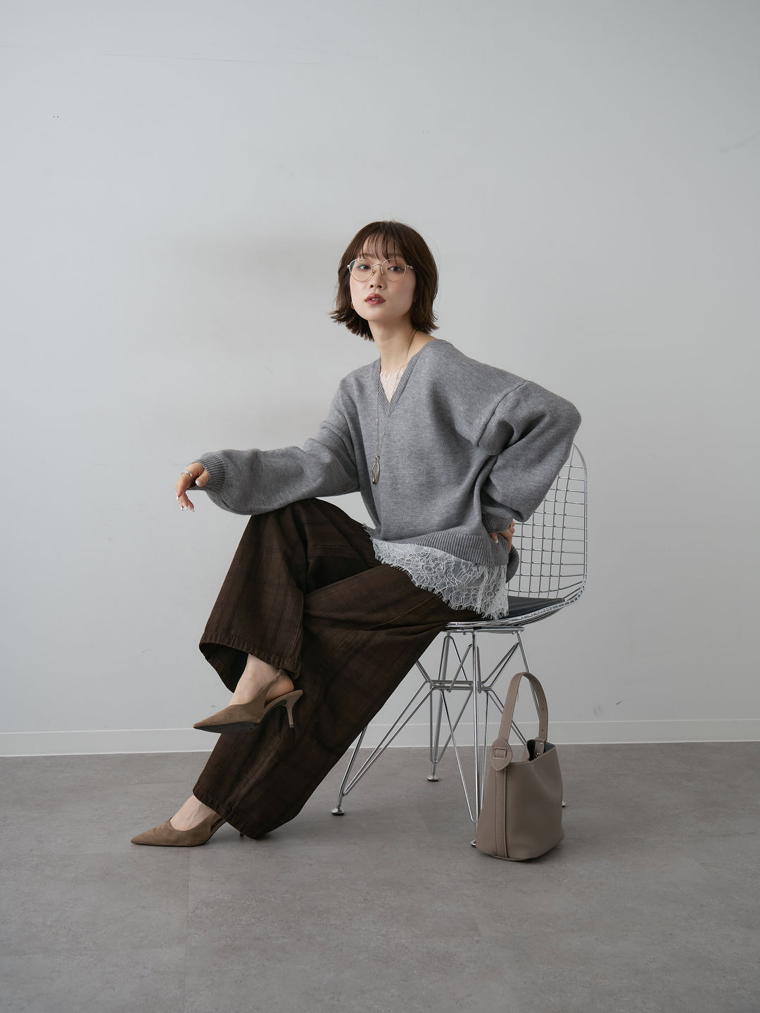 [SET]アルパカタッチレースドッキングVネックニットトップス+選べるアクセセット(2set)