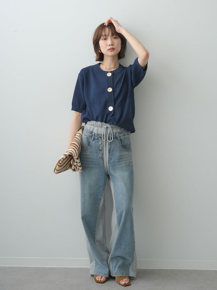 [SET]ゴールドボタンハーフニットカーディガン+デニム切替スウェットパンツ(2set)