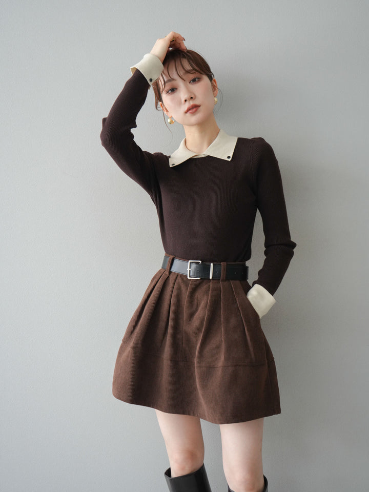 [予約]ニットカフス襟付き配色リブニットトップス/brown