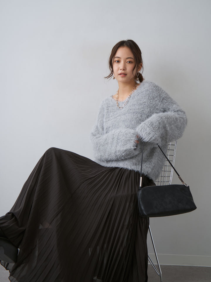 [予約]ボーダー編みラメニットトップス/gray