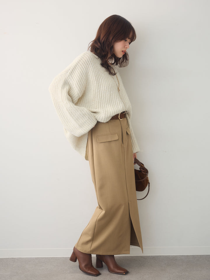 [SET]バルーンスリーブスパンリブニットトップス+クレープデシンフラップ付きストレートスカート(2set)