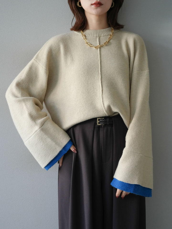 [予約]袖レイヤード配色ニットプルオーバー/ivory
