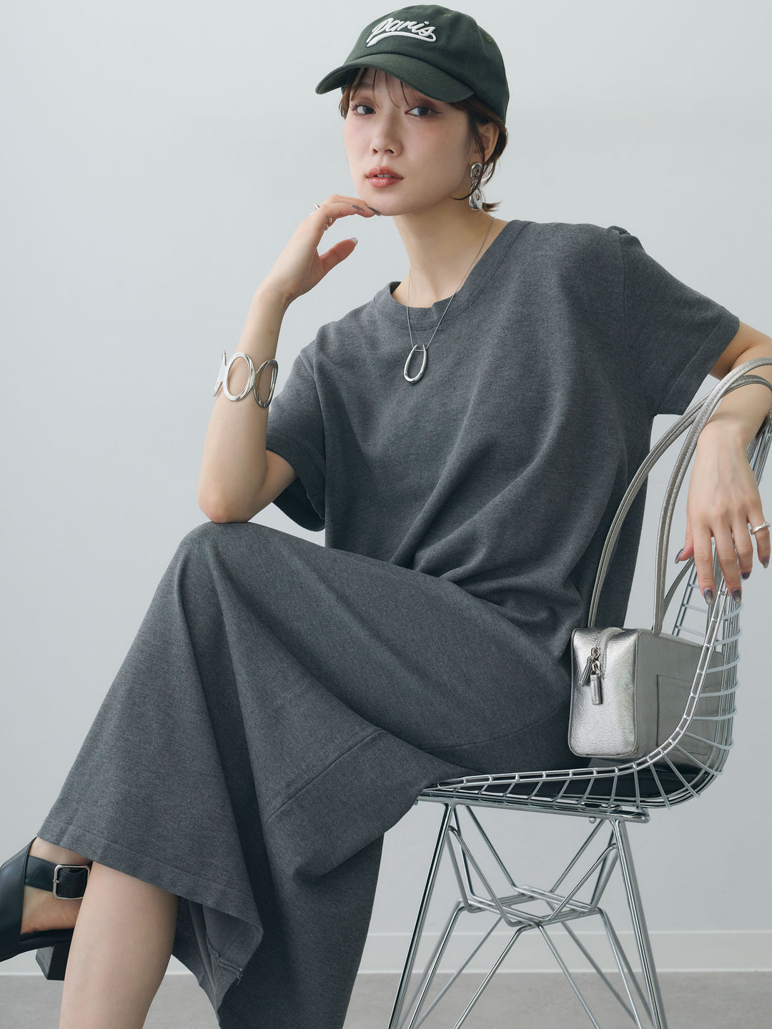 [予約]バックレースストレッチTEEワンピース/charcoal