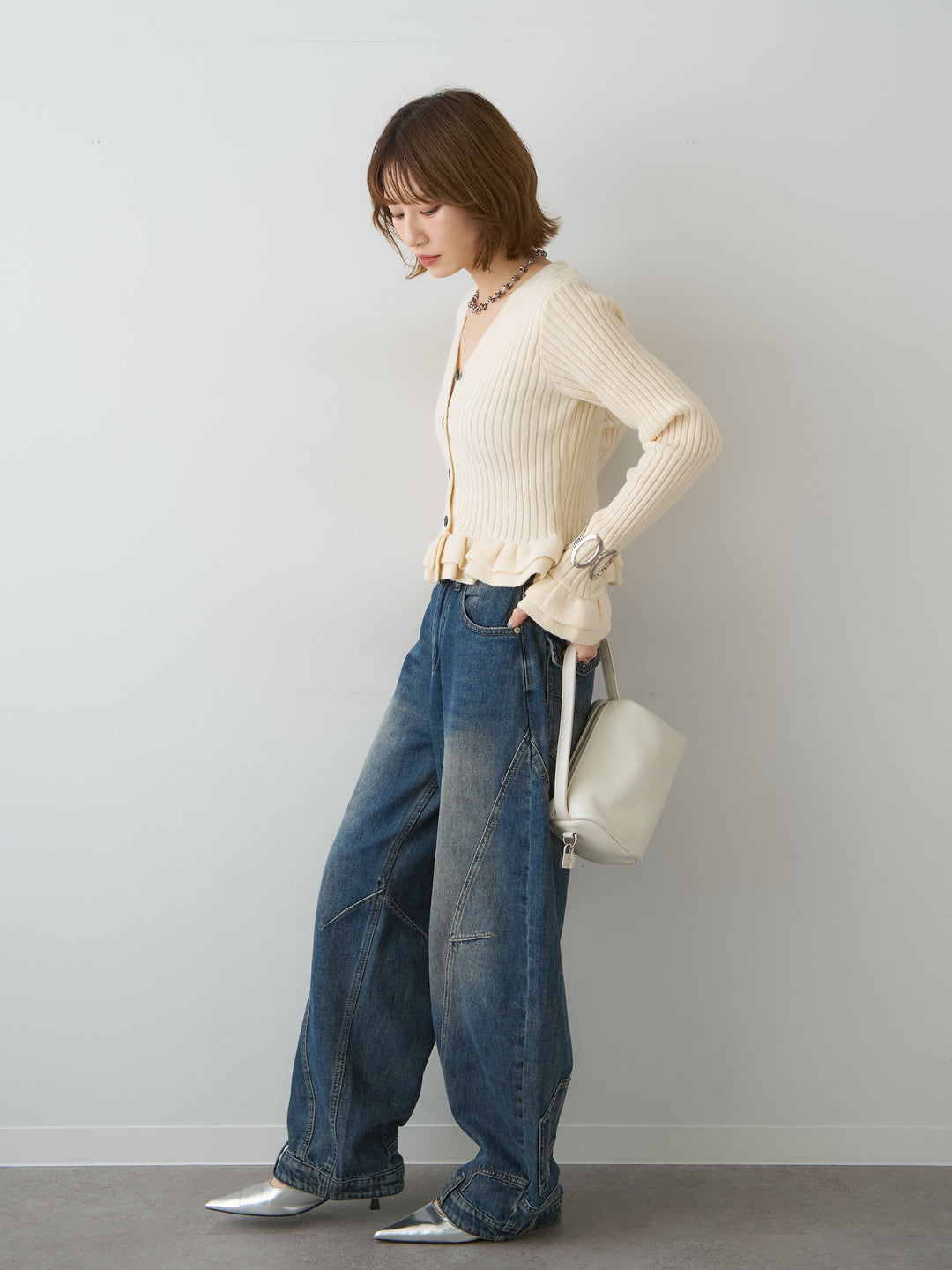 [SET]アルパカタッチフリルカーディガン+ヘムデザインワイドデニムパンツ(2set)