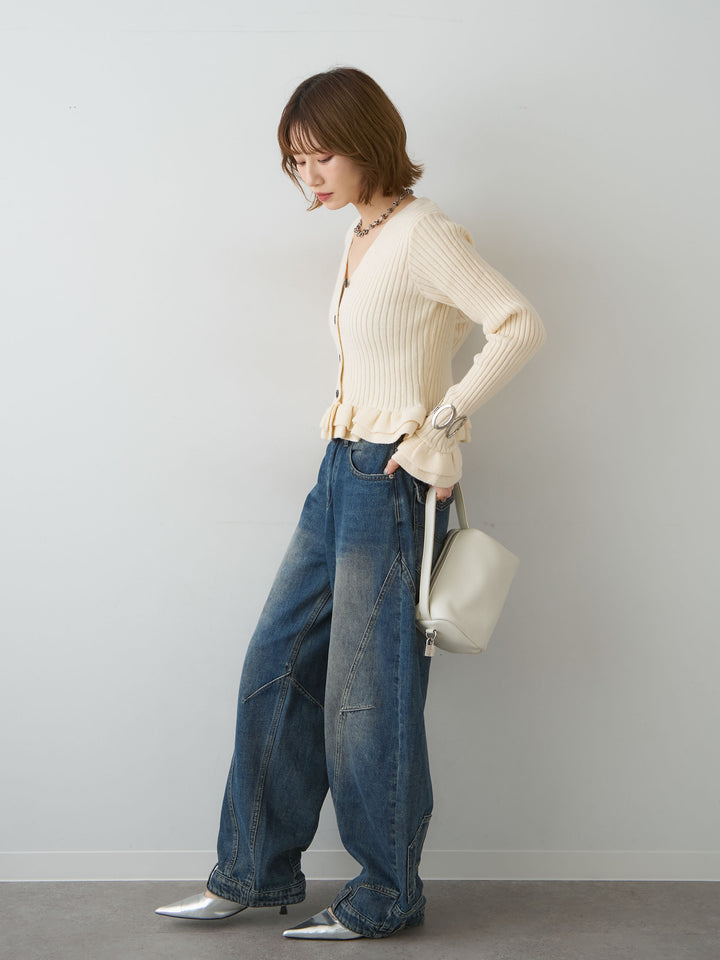 [SET]アルパカタッチフリルカーディガン+ヘムデザインワイドデニムパンツ(2set)