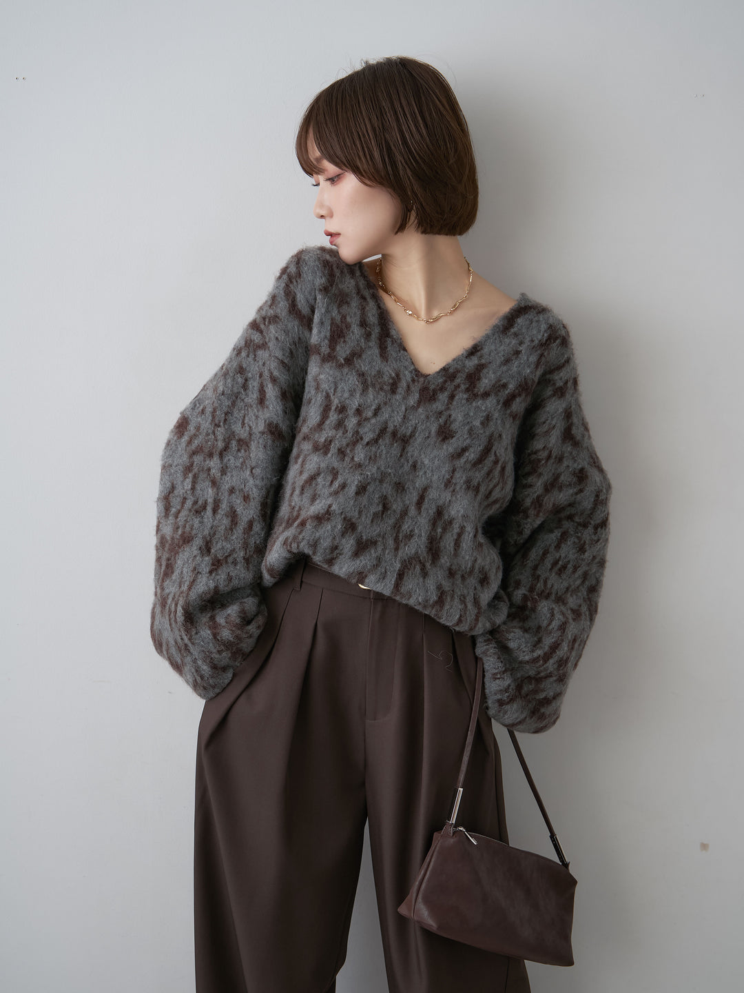 [SET]レオパードVネックシャギーニットトップス+ツイルタックワイドパンツ(2set)