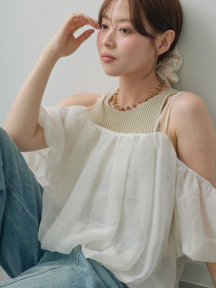 [SET]リブタンク付シアーバルーン半袖トップス+センターラインワイドストレートデニム(2set)