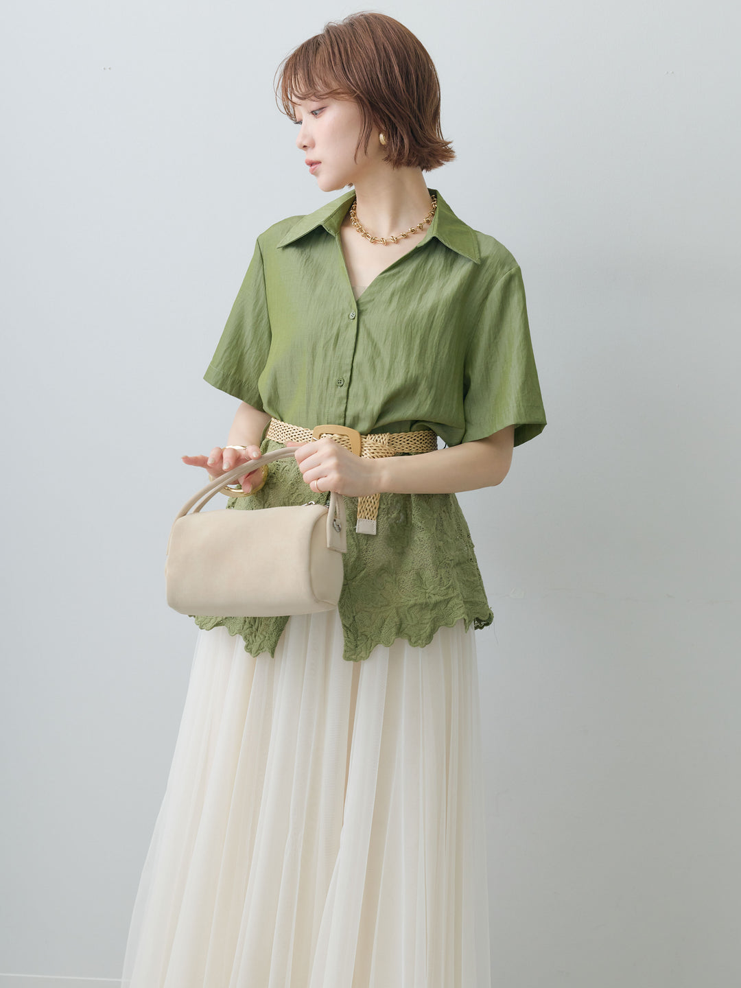 [予約]ベルト付レースドッキング半袖シャツブラウス/green
