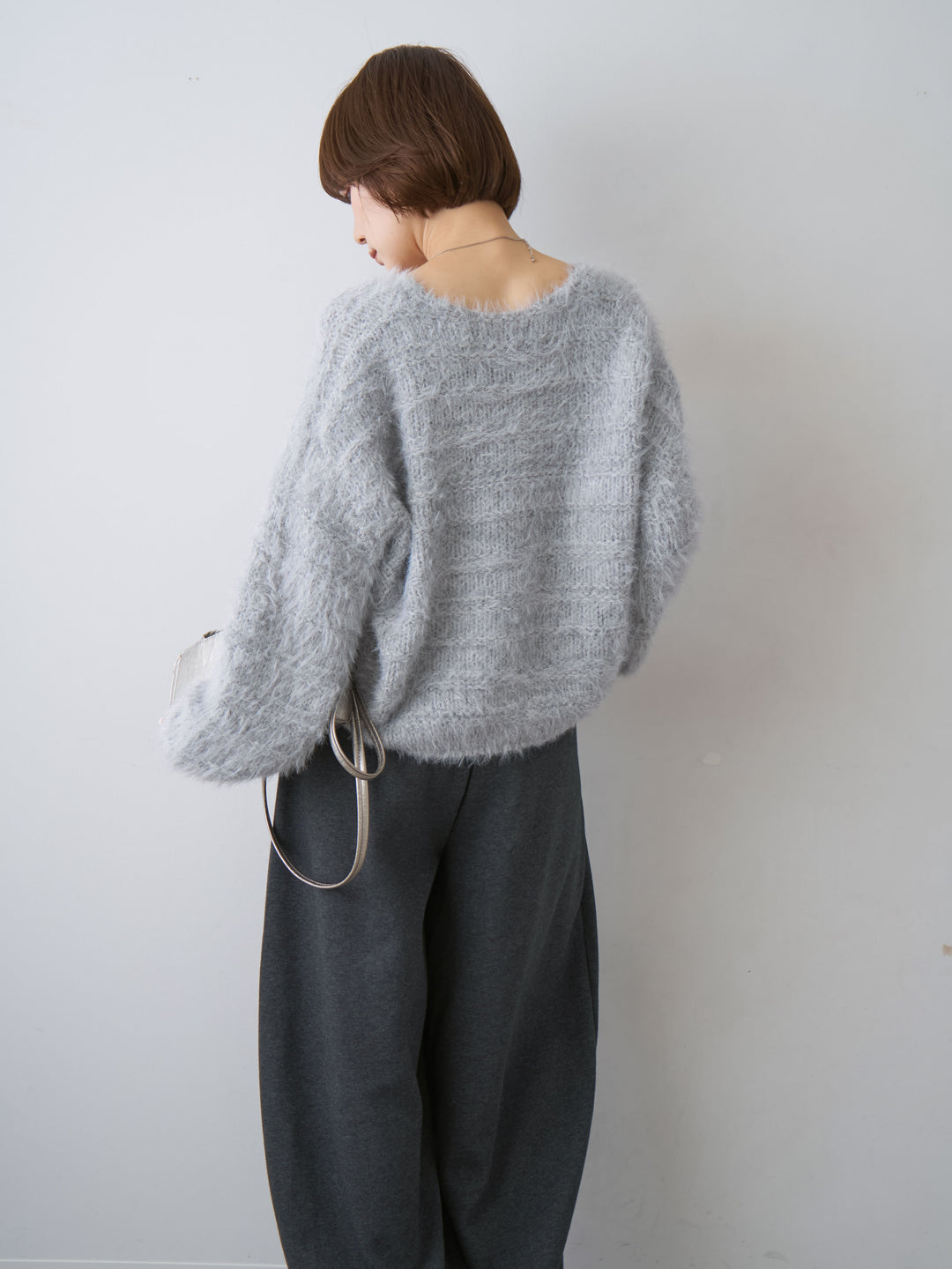[予約]ボーダー編みラメニットトップス/gray