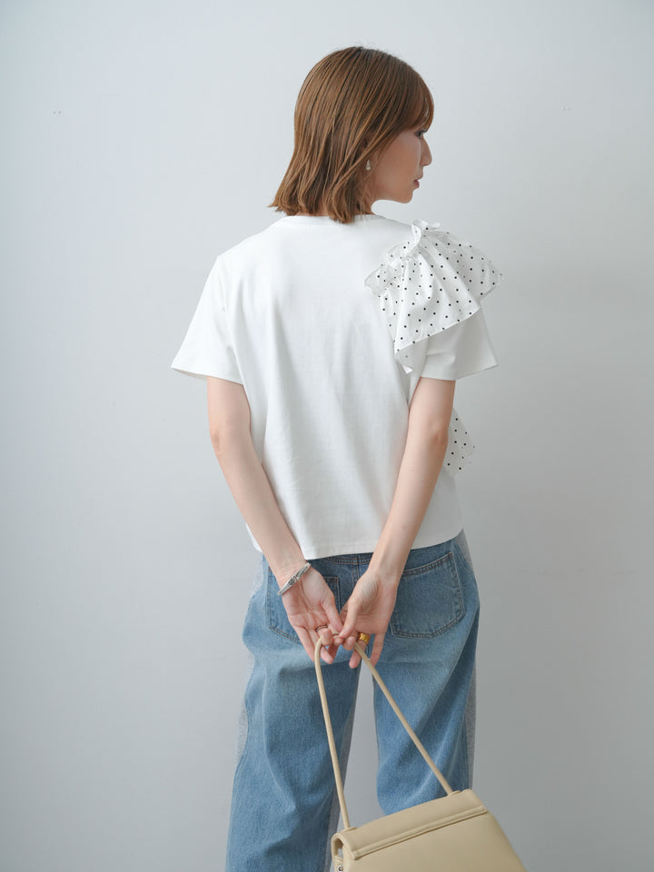 [SET]ドットギャザーフリルデザインTEE+デニム切替スウェットパンツ(2set)