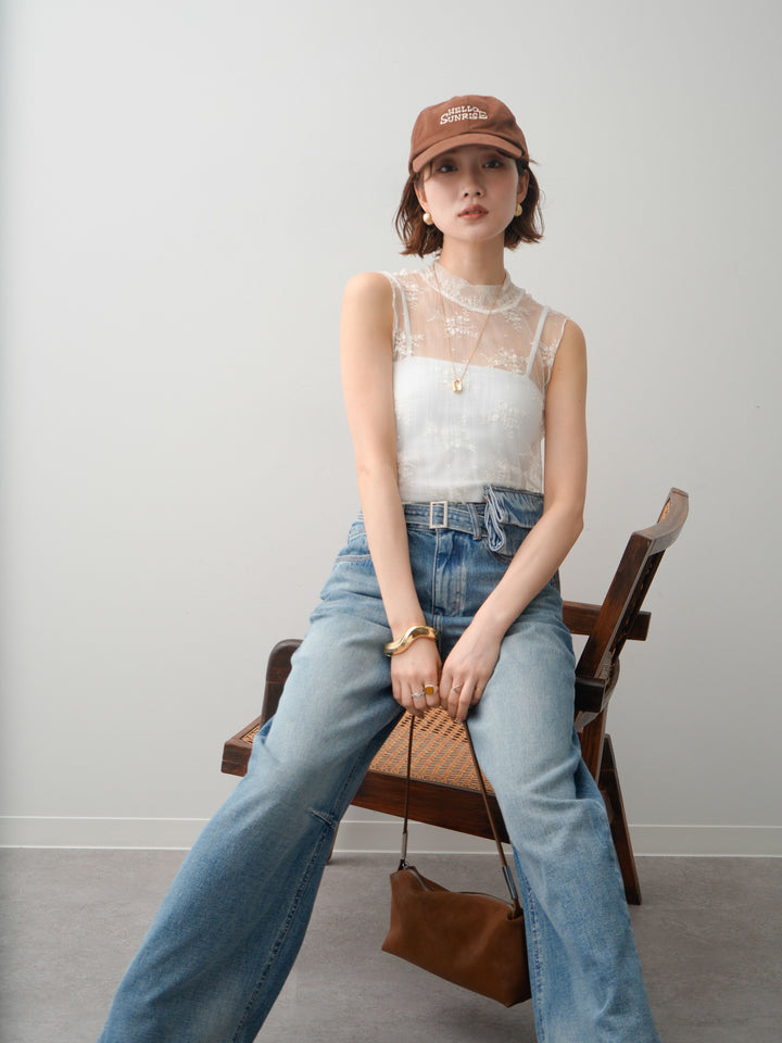 [予約]シースルーストレッチレースノースリトップス/white