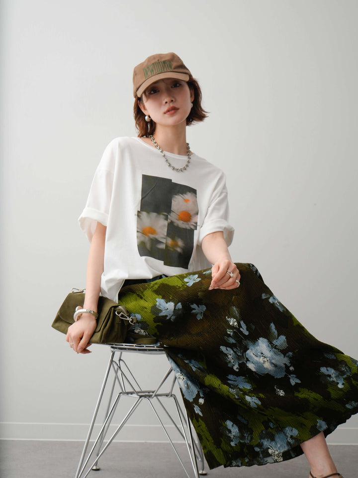 【着回しセット】フラワーフォトTEE+フラワープリントドレープタックパンツ+フラワープリントIラインギャザースカート(3set)