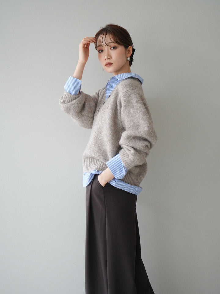 [SET]ストライプシャツドッキングMIXヤーンニットプルオーバー+ベルトループデザインワイドパンツ(2set)
