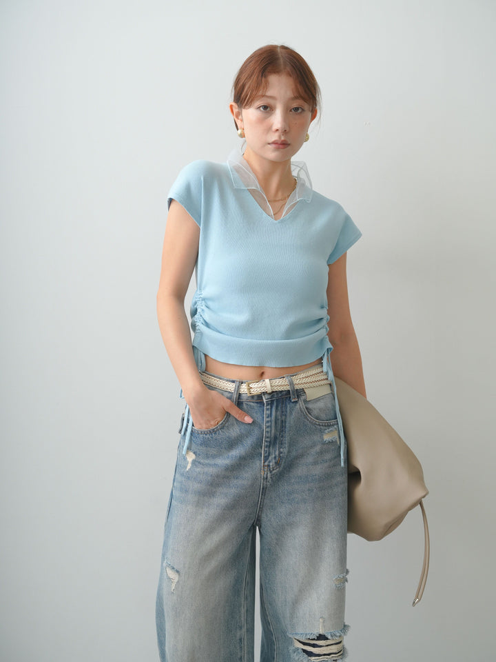 [SET]チュールカラーサイドギャザーフレンチニットトップス+ダメージデニムセミワイドパンツ(2set)