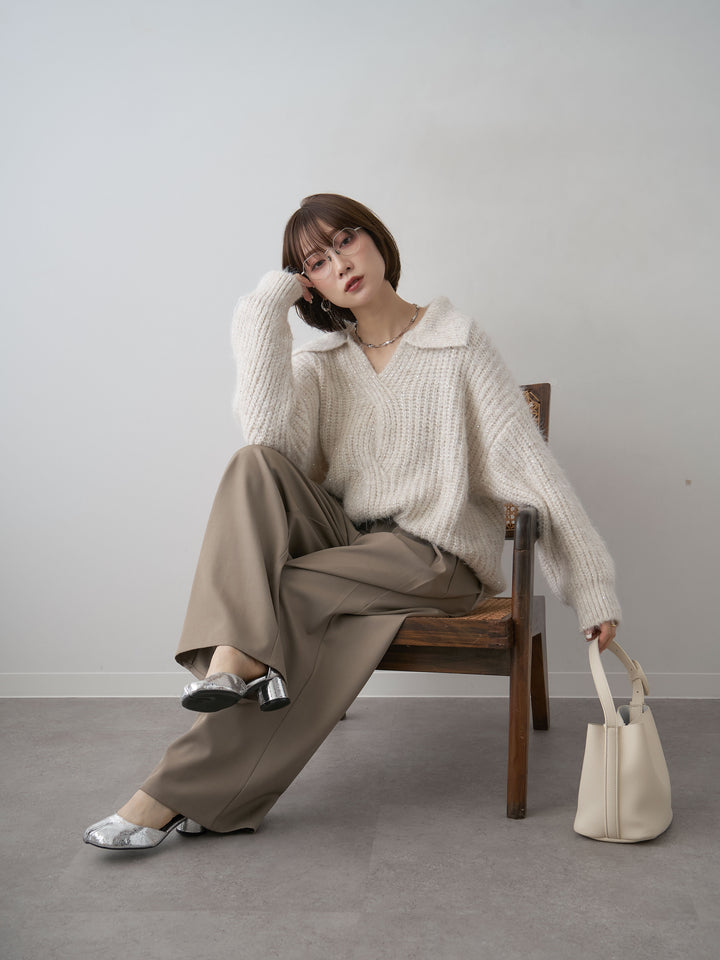 [予約]スキッパースパンリブニットトップス/ivory