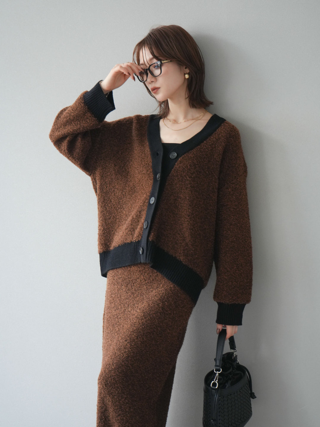 [SET]ブークレバイカラーニットカーディガン+ブークレバイカラータイトニットスカート(2set)