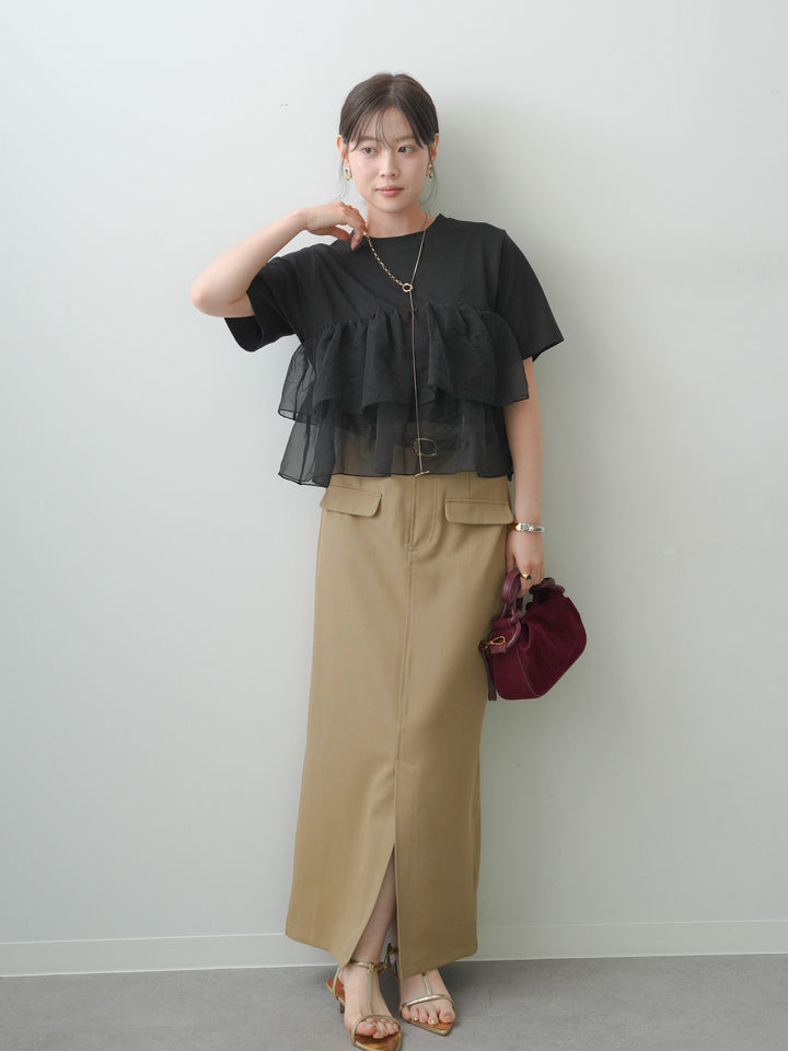 [SET]オーガンジーフリルドッキングTEE+クレープデシンフラップ付きストレートスカート(2set)