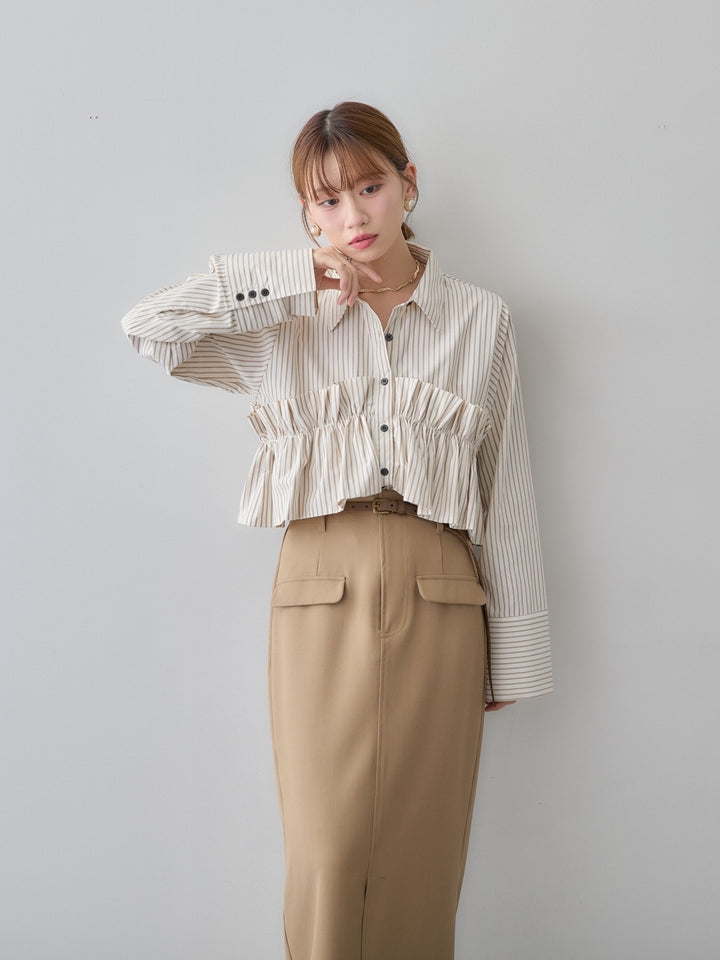 [SET]ストライプフリルシャツ+クレープデシンフラップ付きストレートスカート(2set)