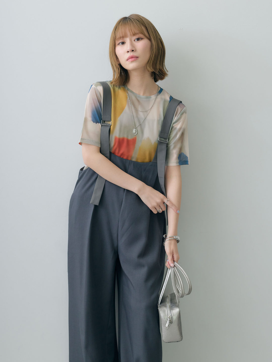 [SET]水彩アートシアーTシャツ+前後2wayドレープワイドオールインワン(2set)