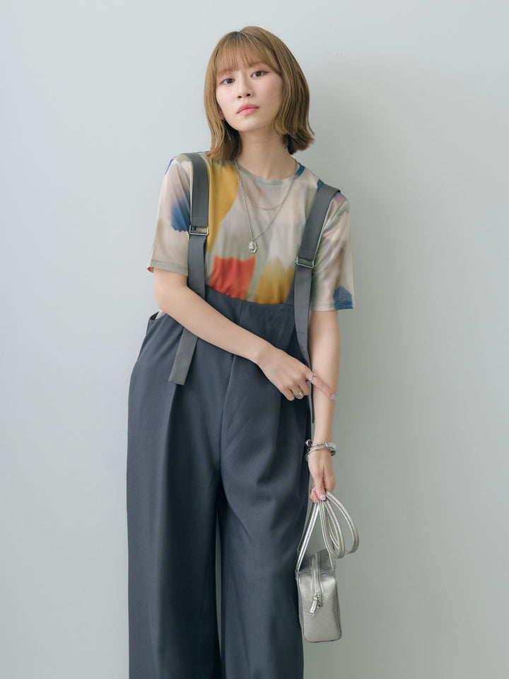 [SET]水彩アートシアーTシャツ+前後2wayドレープワイドオールインワン(2set)