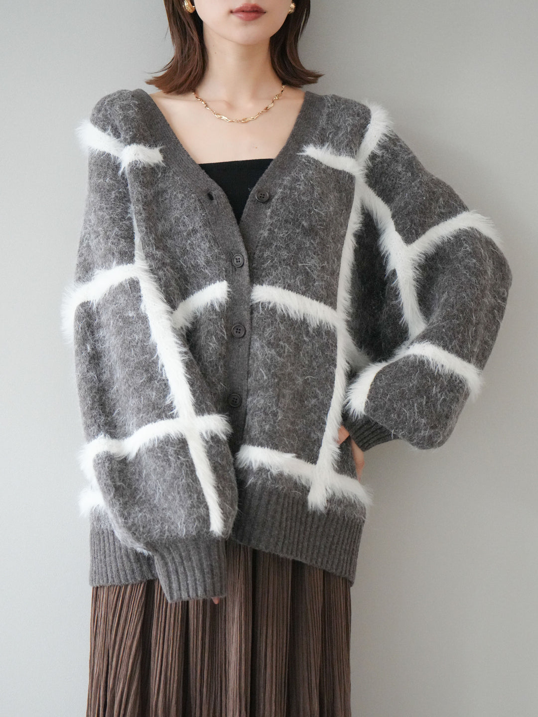 [予約]ミックスシャギーチェックカーディガン/brown