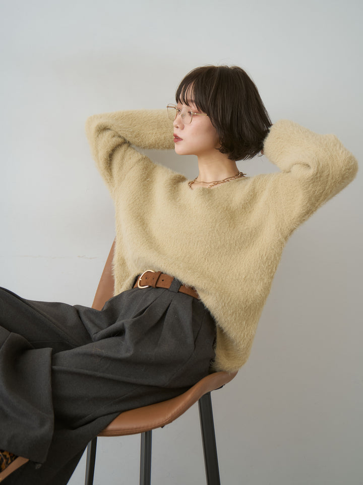 [SET]シャギーVネックニットトップス+ダブルタックドレープストレートワイドパンツ(2set)