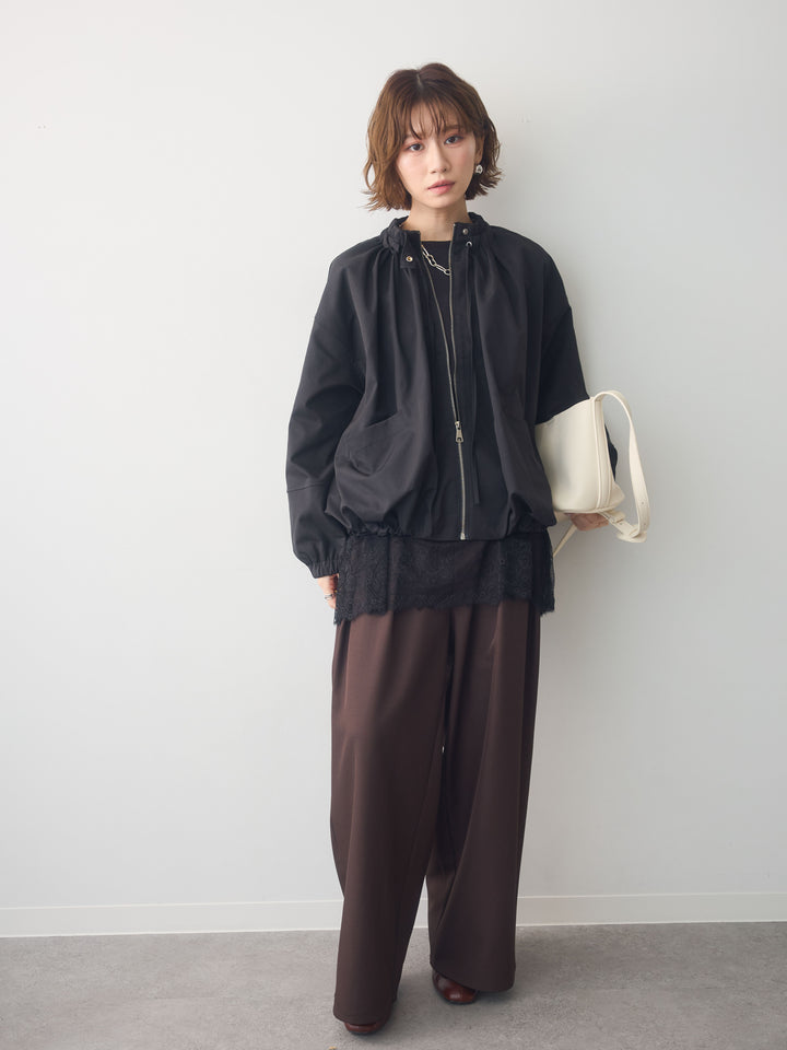 [SET]ギャザーネックオーバーブルゾン+レーストリムロングTシャツ+ツイルタックワイドパンツ(3set)