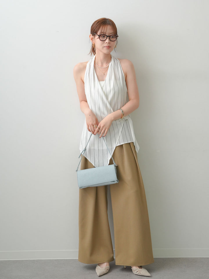 [SET]ストライプカシュクールジレ+クレープデシンタックワイドパンツ(2set)