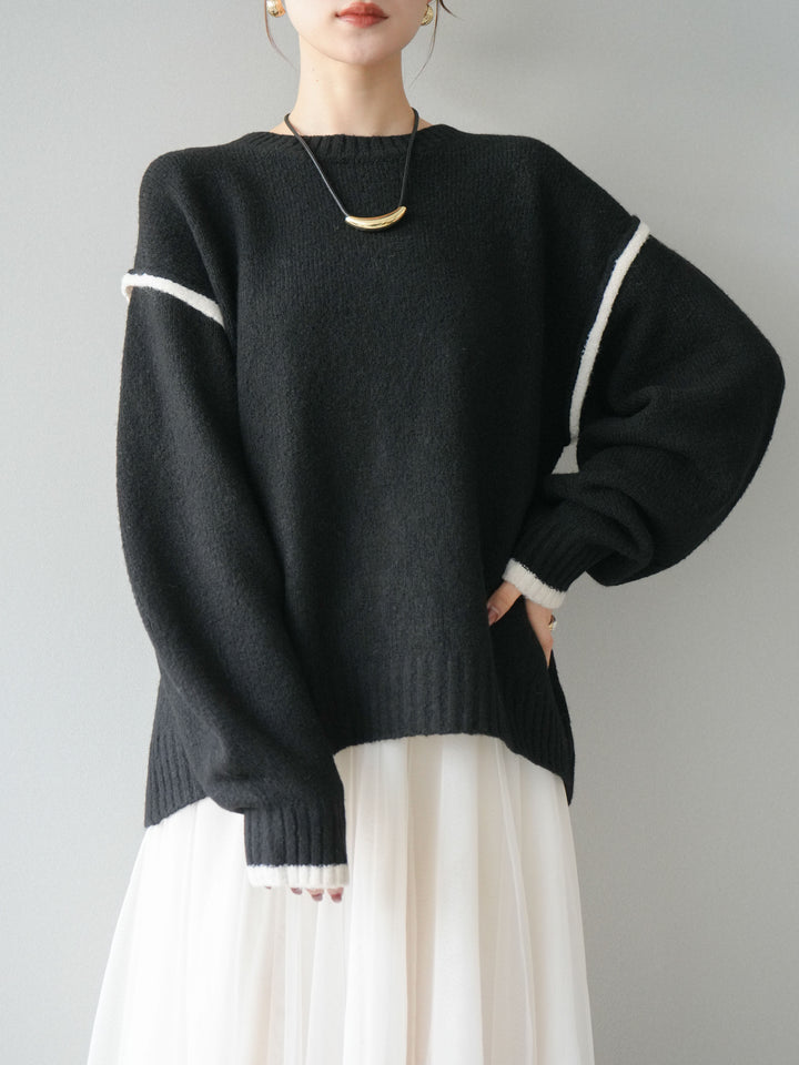 [予約]バイカラーパイピングニットプルオーバー/black