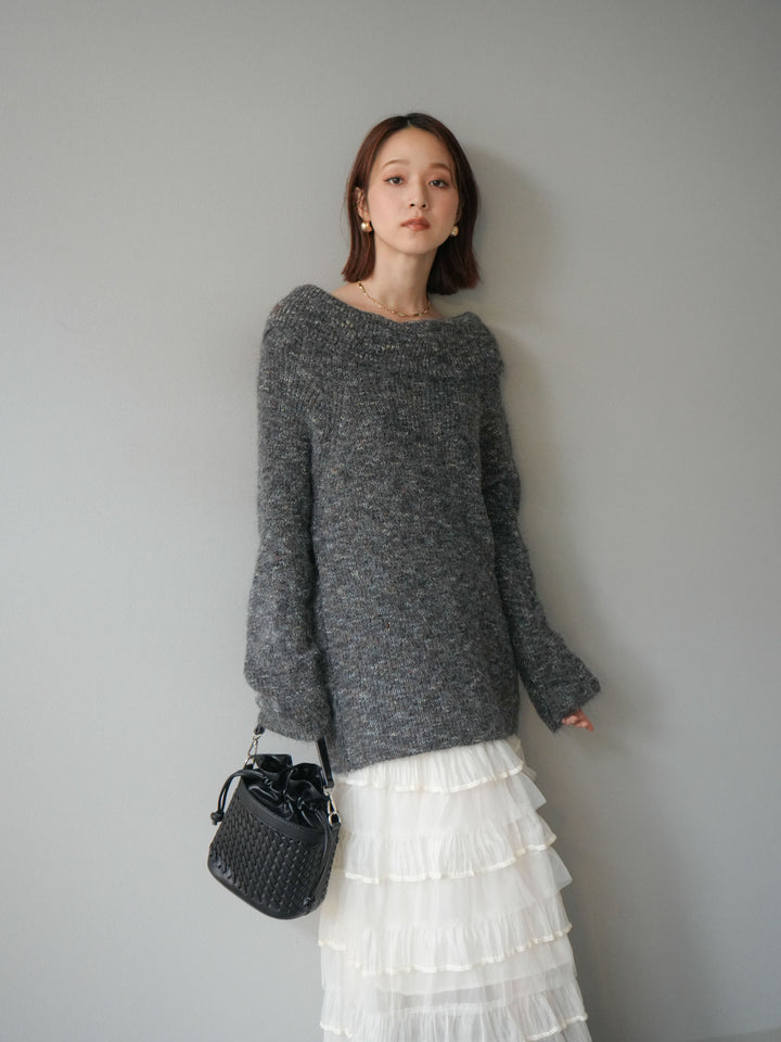 [予約]ミックスヤーンオフショルルーズニットプルオーバー/グレー