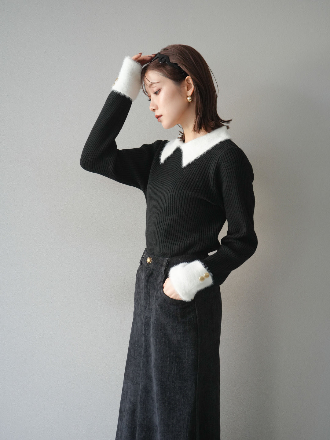 [SET]シャギー襟リブニットトップス+ベルベットマーメイドスカート(2set)