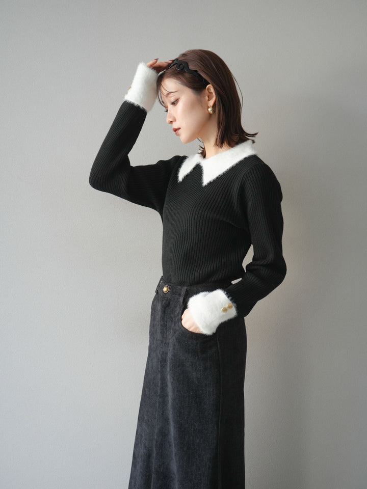 [SET]シャギー襟リブニットトップス+ベルベットマーメイドスカート(2set)