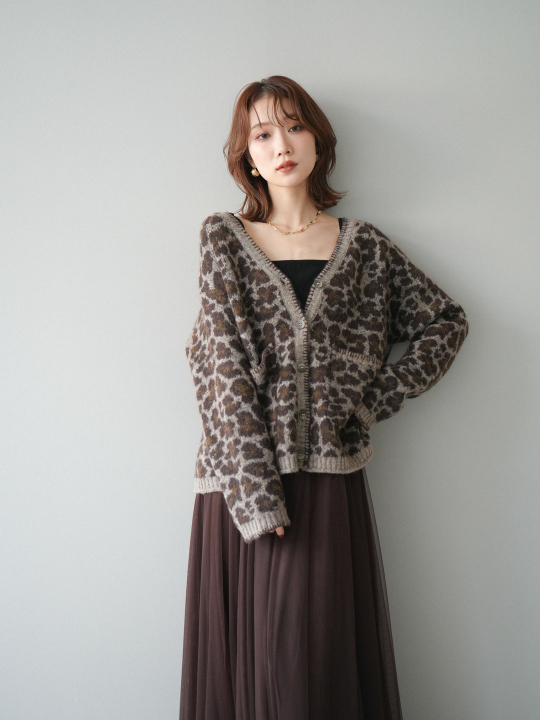 [予約]アニマル柄ステッチニットカーディガン/khaki
