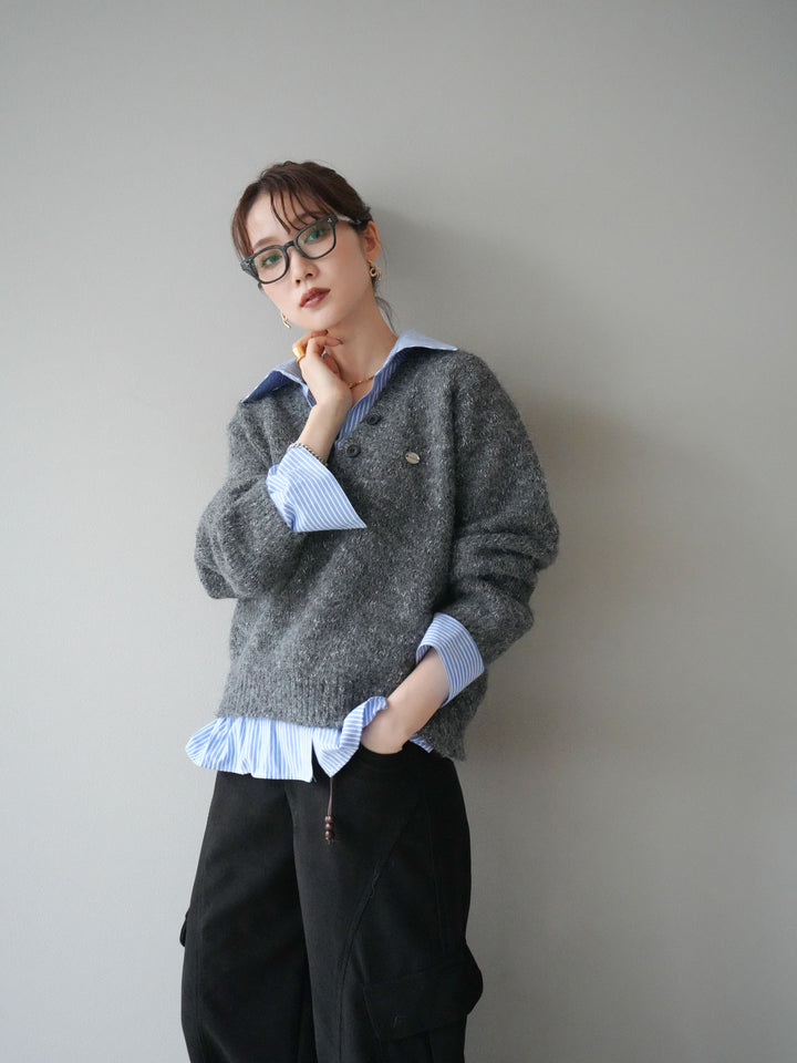 [予約]ストライプシャツドッキングMIXヤーンニットプルオーバー/charcoal